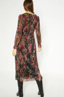New Oasis Glitter Plisse Floral V-Neck Midi Dress Black