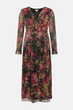 New Oasis Glitter Plisse Floral V-Neck Midi Dress Black