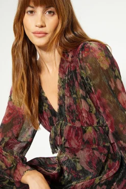 New Oasis Glitter Plisse Floral V-Neck Midi Dress Black
