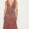 Outlet Oasis Glitter Plisse Paisley V Neck Tiered Midi Dress Orange