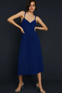 Online Oasis Glitter Slinky Pleated Wrap Bodice Midi Dress Cobalt