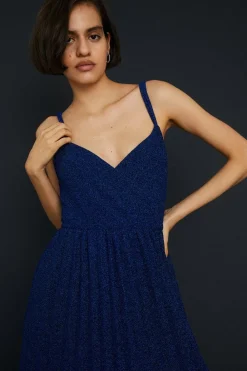 Online Oasis Glitter Slinky Pleated Wrap Bodice Midi Dress Cobalt