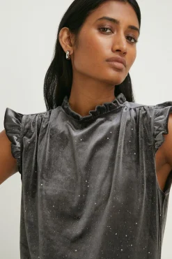 Online Oasis Glitter Velvet Frill Detail Sleeveless Top Grey
