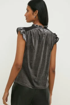Online Oasis Glitter Velvet Frill Detail Sleeveless Top Grey