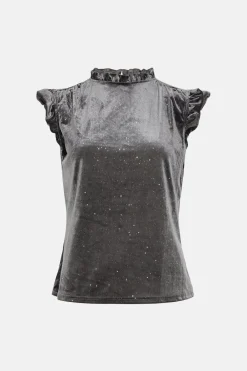 Online Oasis Glitter Velvet Frill Detail Sleeveless Top Grey