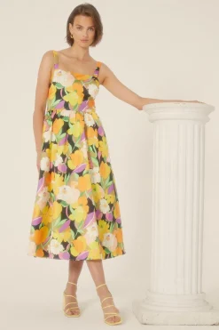Hot Oasis Graphic Floral Bow Back Midi Dress Yellow