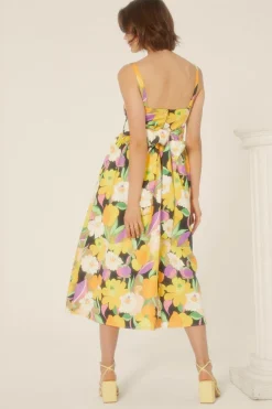 Hot Oasis Graphic Floral Bow Back Midi Dress Yellow