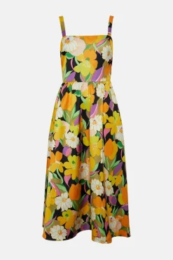 Hot Oasis Graphic Floral Bow Back Midi Dress Yellow