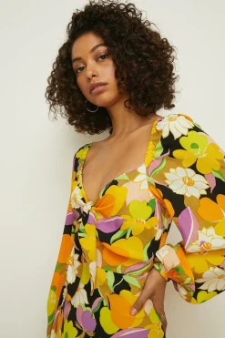 Discount Oasis Graphic Floral Tie Front Midi Dress Yellow