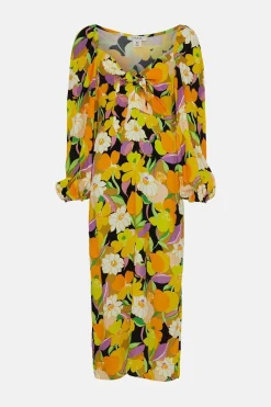 Discount Oasis Graphic Floral Tie Front Midi Dress Yellow