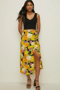 Online Oasis Graphic Floral Tie Wrap Midi Skirt Yellow