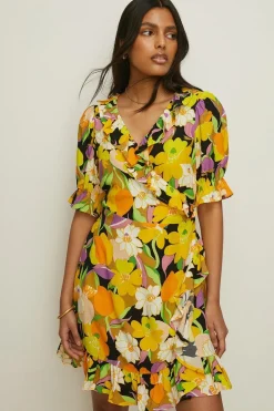 Fashion Oasis Graphic Floral Wrap Skater Dress Yellow