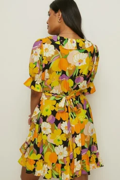 Fashion Oasis Graphic Floral Wrap Skater Dress Yellow