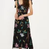 Online Oasis Hand Embellished Large Floral Bow Shoulder Midi Dress Black
