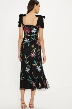 Online Oasis Hand Embellished Large Floral Bow Shoulder Midi Dress Black