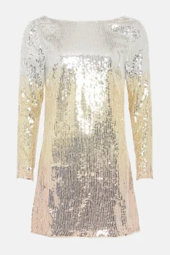 Clearance Oasis Hand Embellished Ombre Sequin Cowl Back Mini Shift Dress Gold