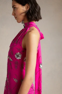 Discount Oasis Hand Embellished Sequin Halter Neck Midi Dress Bright Pink