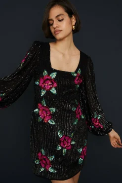 Clearance Oasis Hand Embellished Sequin Rose Mini Dress Black
