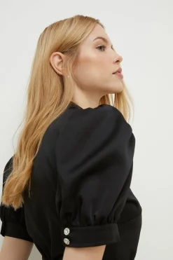 Fashion Oasis High Neck Satin Puff Sleeve Mini Dress Black