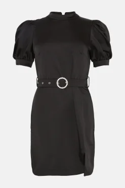 Fashion Oasis High Neck Satin Puff Sleeve Mini Dress Black