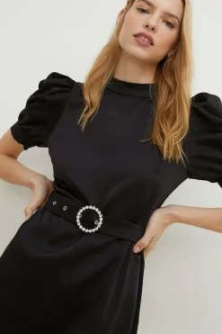 Fashion Oasis High Neck Satin Puff Sleeve Mini Dress Black