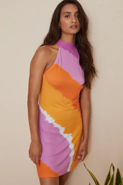 Clearance Oasis High Neck Tie Dye Stripe Mini Dress Orange