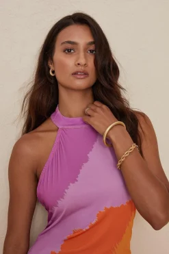 New Oasis High Neck Tie Dye Stripe Midi Dress Orange