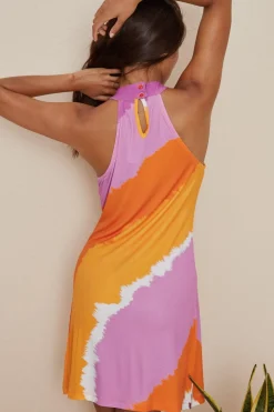 Clearance Oasis High Neck Tie Dye Stripe Mini Dress Orange