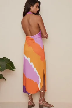 New Oasis High Neck Tie Dye Stripe Midi Dress Orange