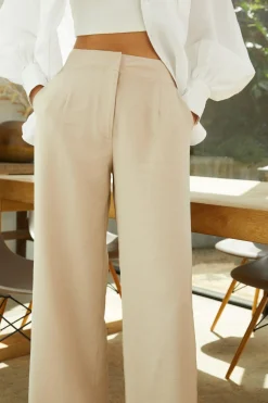 Sale Oasis High Rise Drape Twill Wide Leg Trouser Beige