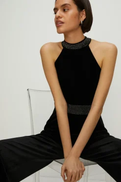 Sale Oasis Hotfix Velvet Halter Jumpsuit Black