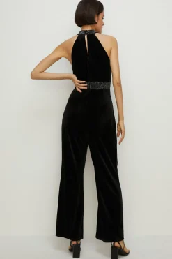 Sale Oasis Hotfix Velvet Halter Jumpsuit Black