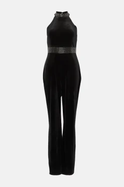 Sale Oasis Hotfix Velvet Halter Jumpsuit Black