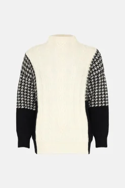 Clearance Oasis Houndstooth Contrast Cable Knit Jumper Ecru