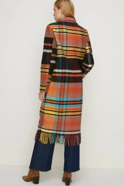 Discount Oasis Italian Wool Mix Check Fringed Longline Coat Multi