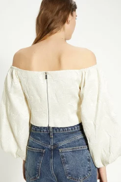 Fashion Oasis Jacquard Bardot Puff Sleeve Crop Top Ivory