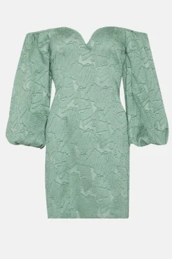 Fashion Oasis Jacquard Bardot Puff Sleeve Mini Dress Sage