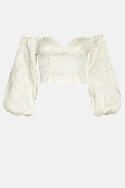 Fashion Oasis Jacquard Bardot Puff Sleeve Crop Top Ivory