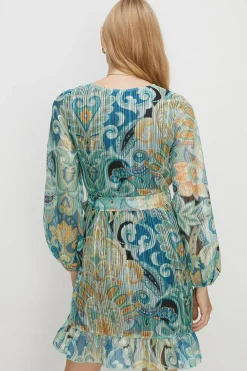 Sale Oasis Jacquard Plisse Mock Wrap Mini Dress Blue
