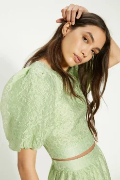 Sale Oasis Jacquard Puff Sleeve Bow Back Top Green