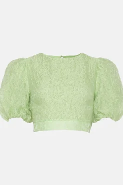 Sale Oasis Jacquard Puff Sleeve Bow Back Top Green