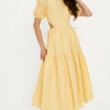 Outlet Oasis Jacquard Tired Hem Cut-Out Puff Sleeve Midi Dress Mustard
