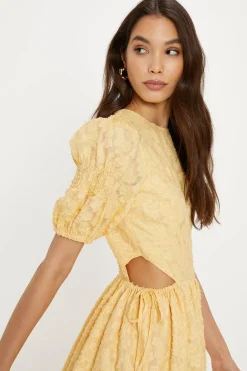 Outlet Oasis Jacquard Tired Hem Cut-Out Puff Sleeve Midi Dress Mustard