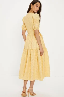 Outlet Oasis Jacquard Tired Hem Cut-Out Puff Sleeve Midi Dress Mustard