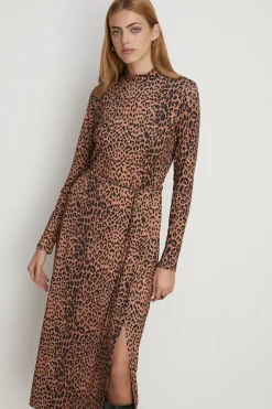 Clearance Oasis Jersey Animal Funnel Neck Belted Midi Dress Brown