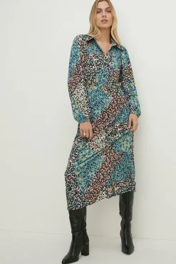 Clearance Oasis Jersey Crepe Animal Long Sleeve Shirt Dress Multi
