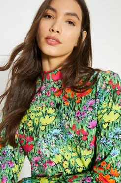 Clearance Oasis Jersey Floral Funnel Neck Long Sleeve Top Multi