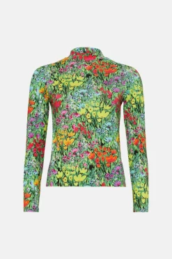 Clearance Oasis Jersey Floral Funnel Neck Long Sleeve Top Multi