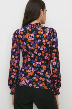 Online Oasis Jersey Floral Shirred Neck And Cuff Top Black
