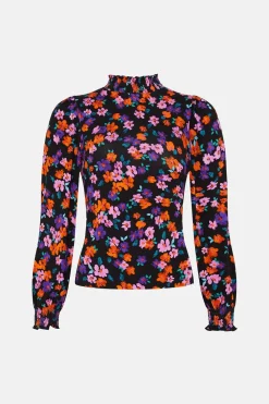 Online Oasis Jersey Floral Shirred Neck And Cuff Top Black